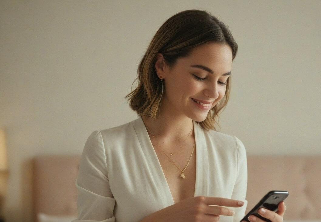 Woman reacting happily to a flirty message